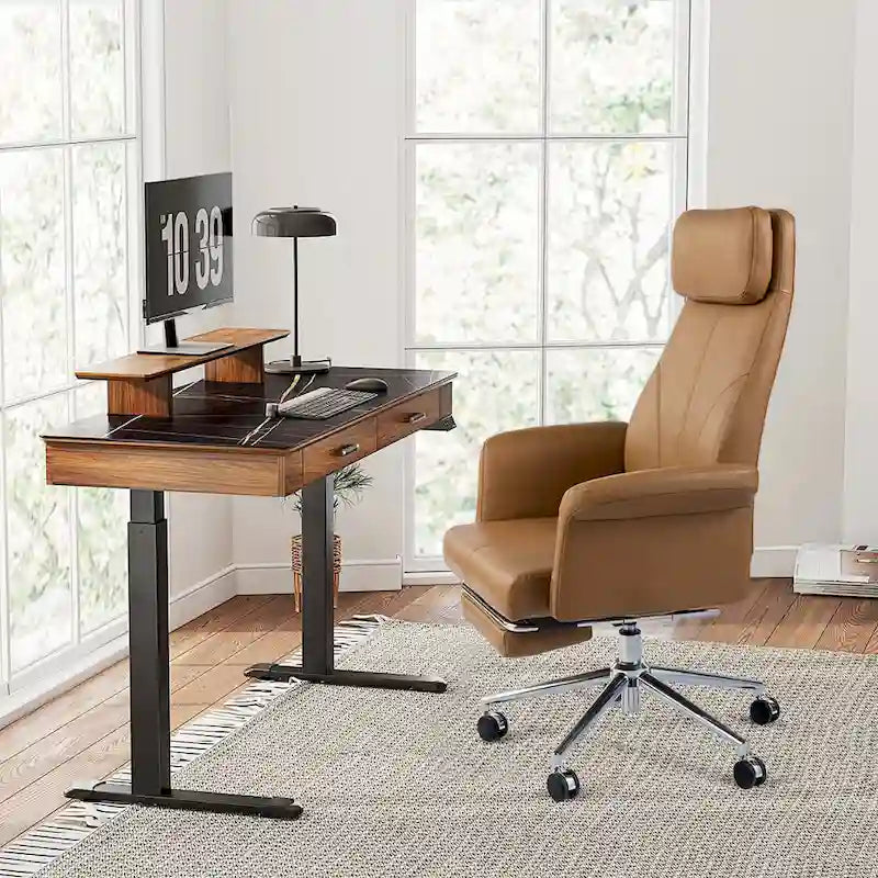Chaise de bureau ergonomique moderne et réglable 49H, pivotante, avec dossier haut, accoudoirs et repose-pieds extensible