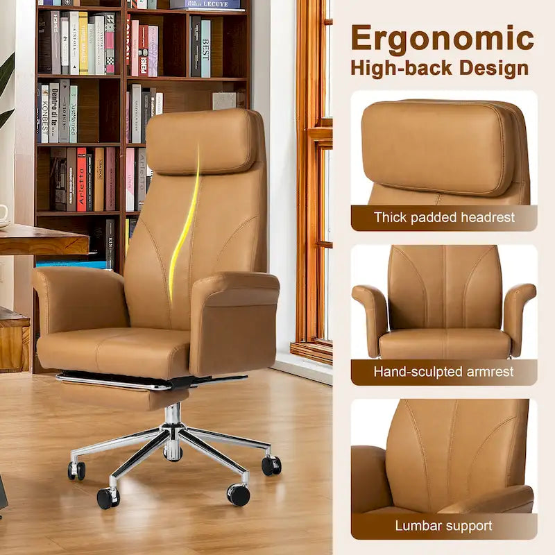 Chaise de bureau ergonomique moderne et réglable 49H, pivotante, avec dossier haut, accoudoirs et repose-pieds extensible