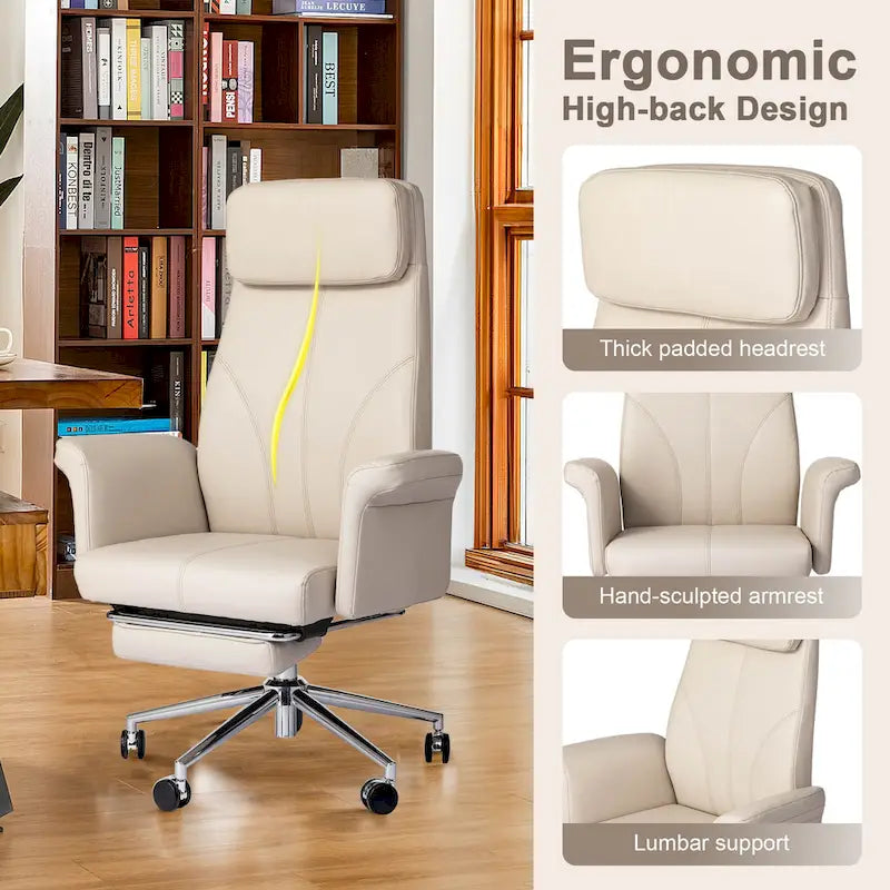 Chaise de bureau ergonomique moderne et réglable 49H, pivotante, avec dossier haut, accoudoirs et repose-pieds extensible