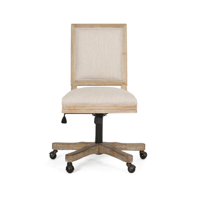 Chaise de bureau pivotante à roulettes, tissu beige, bois marron clair vieilli