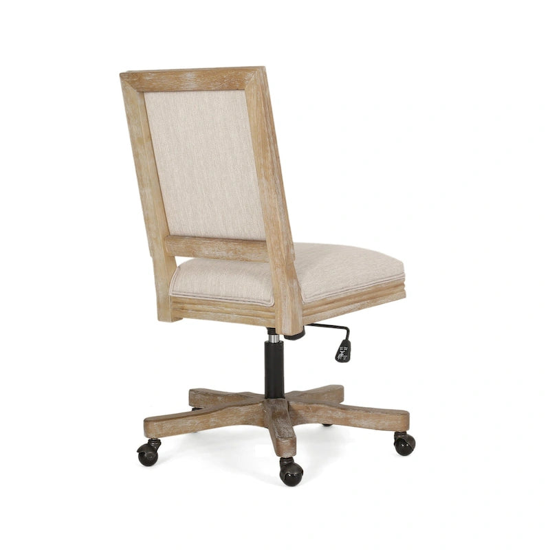 Chaise de bureau pivotante à roulettes, tissu beige, bois marron clair vieilli
