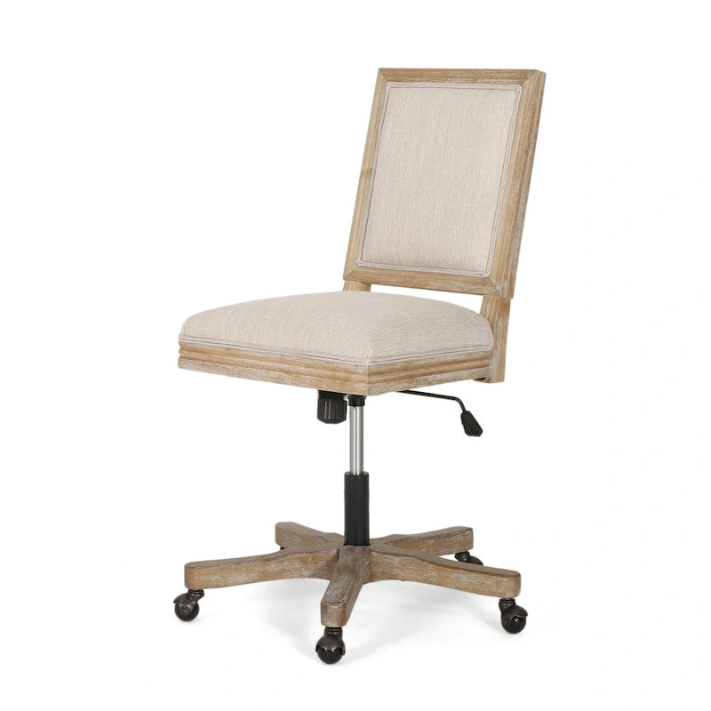 Chaise de bureau pivotante à roulettes, tissu beige, bois marron clair vieilli
