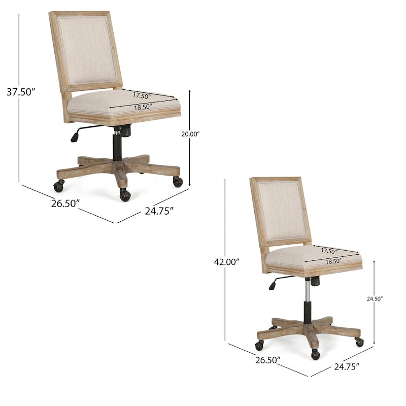 Chaise de bureau pivotante à roulettes, tissu beige, bois marron clair vieilli