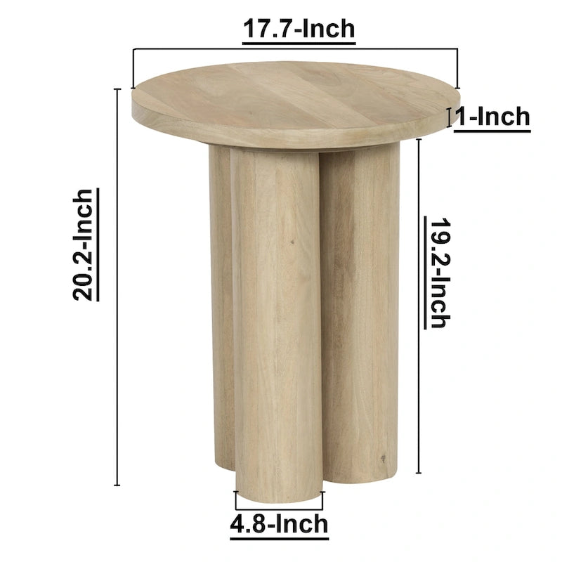 Table d'appoint avec 3 pieds piliers, en bois de manguier naturel marron fait main, plateau rond de 45 cm