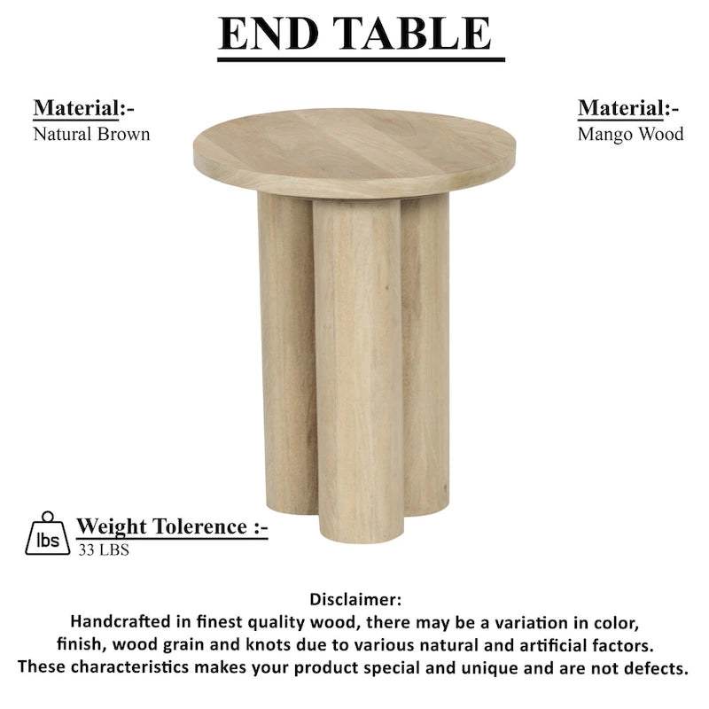 Table d'appoint avec 3 pieds piliers, en bois de manguier naturel marron fait main, plateau rond de 45 cm