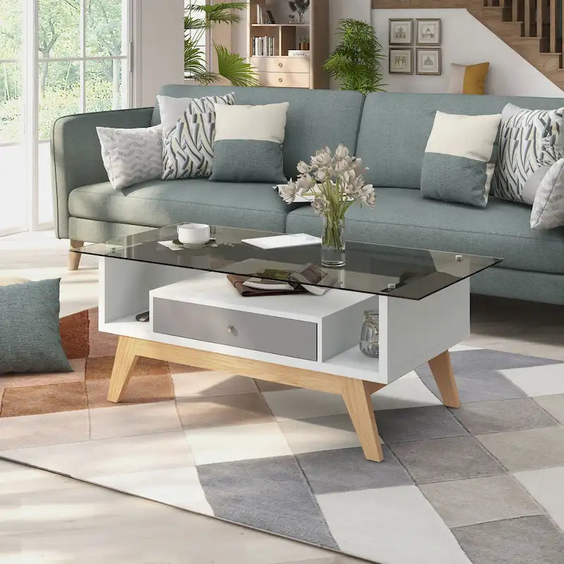 Table basse moderne 1 étagère avec plateau en verre de 47 pouces