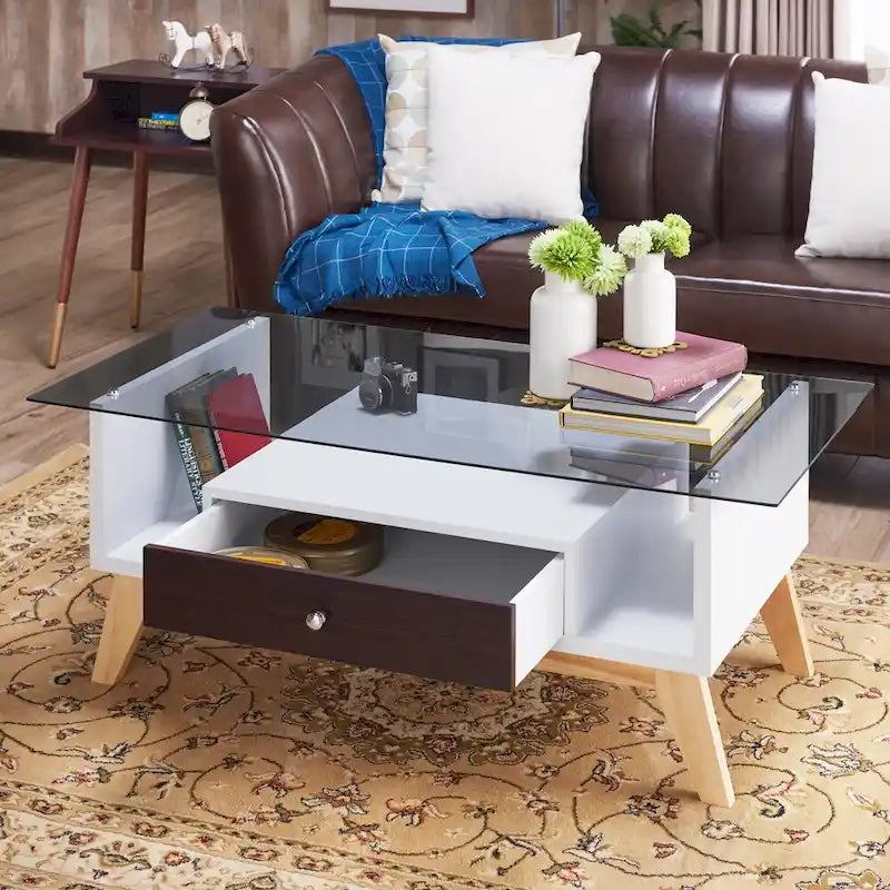 Table basse moderne 1 étagère avec plateau en verre de 47 pouces