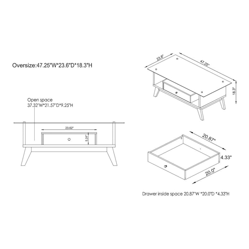 Table basse moderne 1 étagère avec plateau en verre de 47 pouces