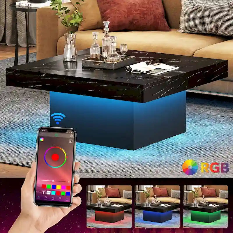 Table basse LED carrée de style rustique en bois composite pour salon