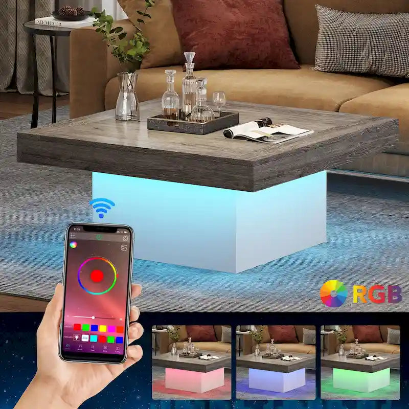 Table basse LED carrée de style rustique en bois composite pour salon