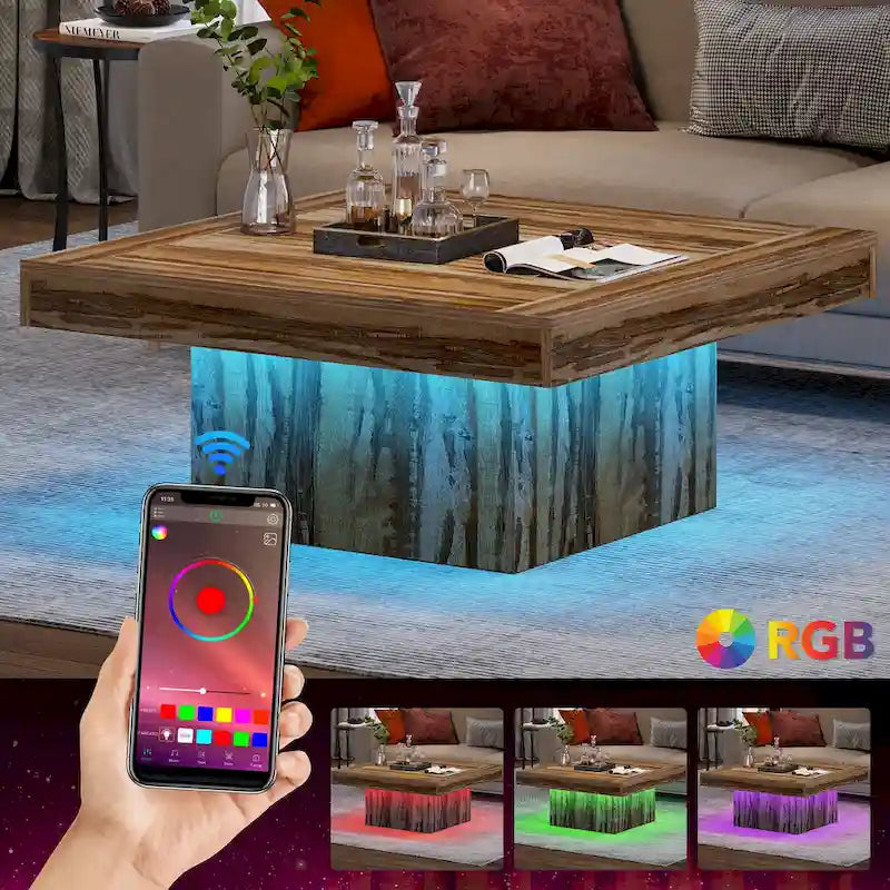 Table basse LED carrée de style rustique en bois composite pour salon