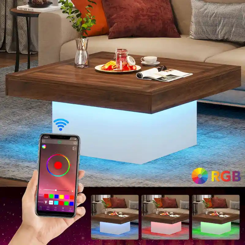 Table basse LED carrée de style rustique en bois composite pour salon