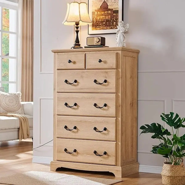 Commode en bois vintage à 6 tiroirs, commode de rangement rustique