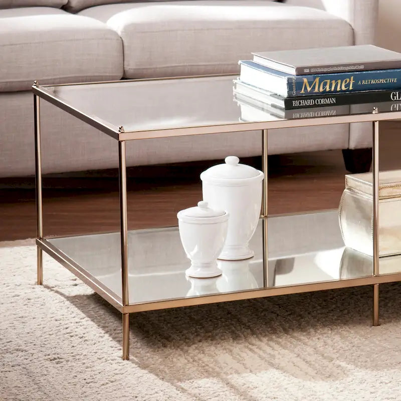 Table basse rectangulaire avec plateau en verre et étagère inférieure