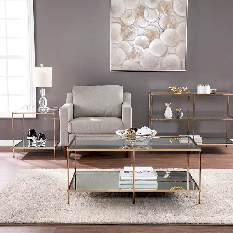 Table basse rectangulaire avec plateau en verre et étagère inférieure