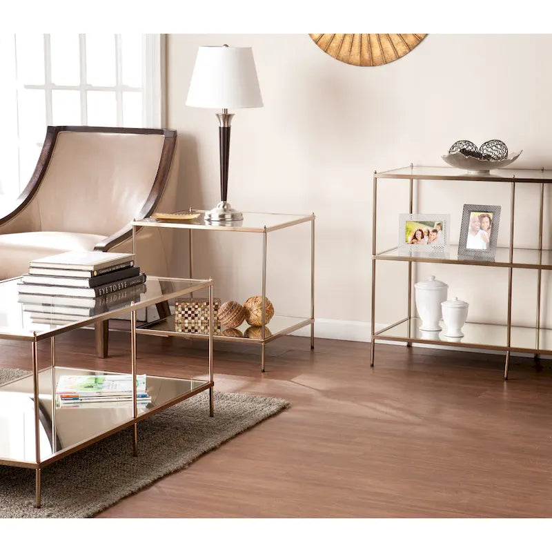 Table basse rectangulaire avec plateau en verre et étagère inférieure