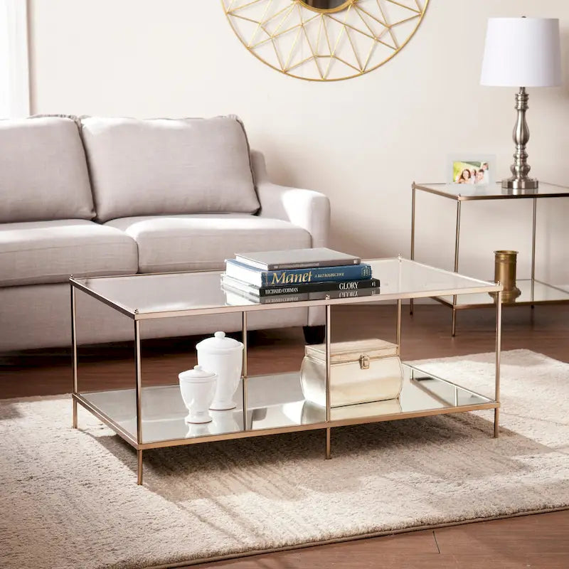 Table basse rectangulaire avec plateau en verre et étagère inférieure