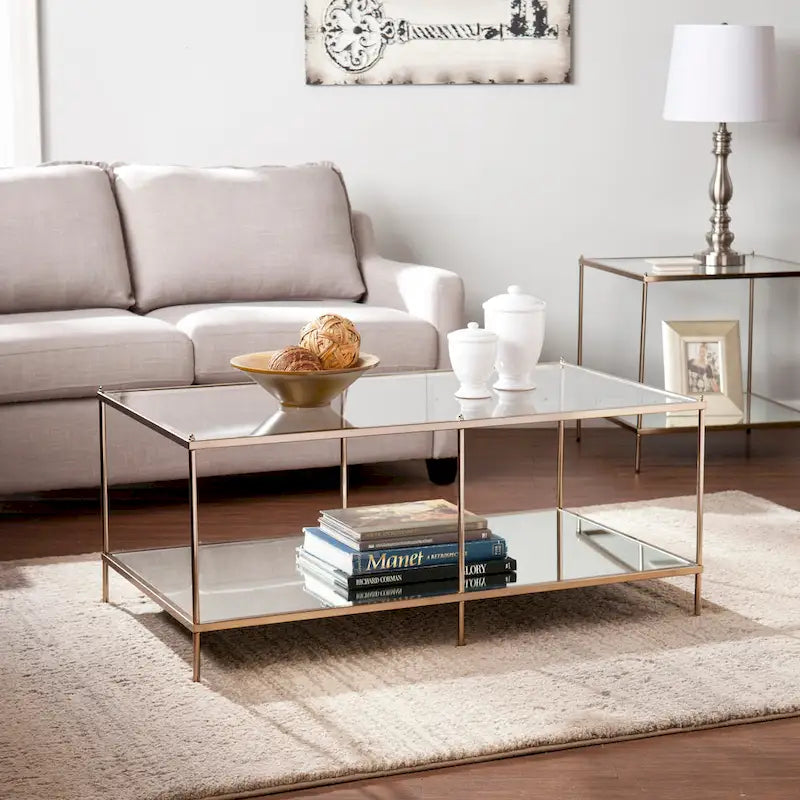 Table basse rectangulaire avec plateau en verre et étagère inférieure
