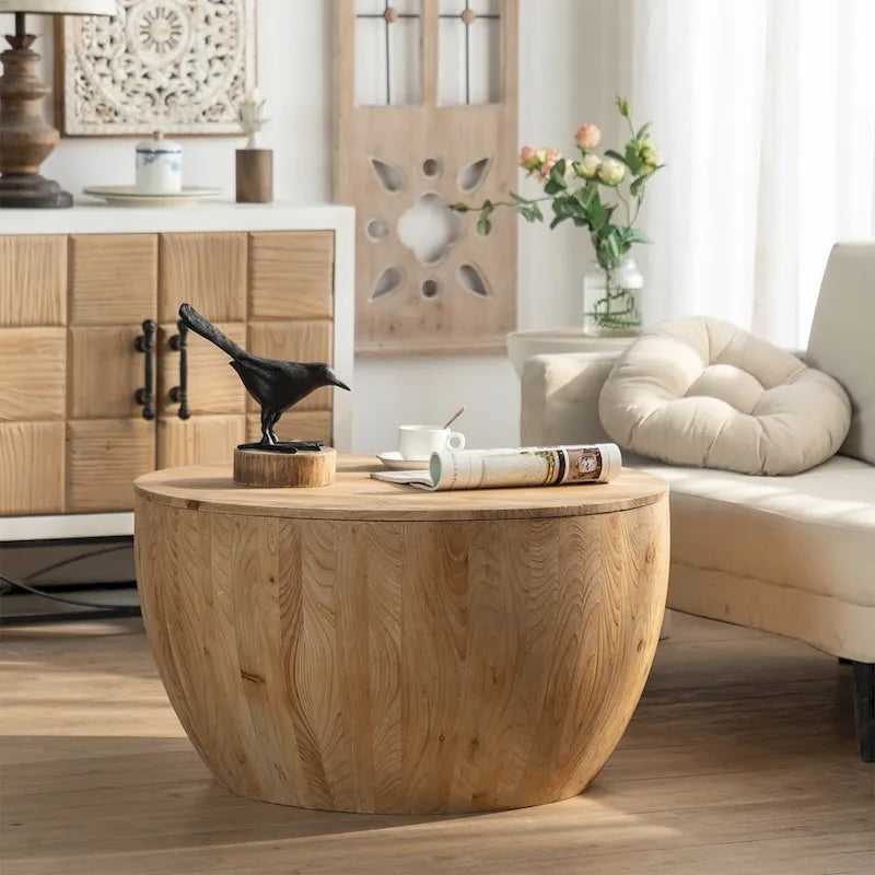 Table basse en bois en forme de tambour, style vintage