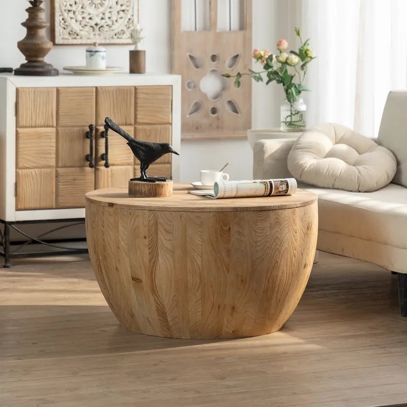 Table basse en bois en forme de tambour, style vintage