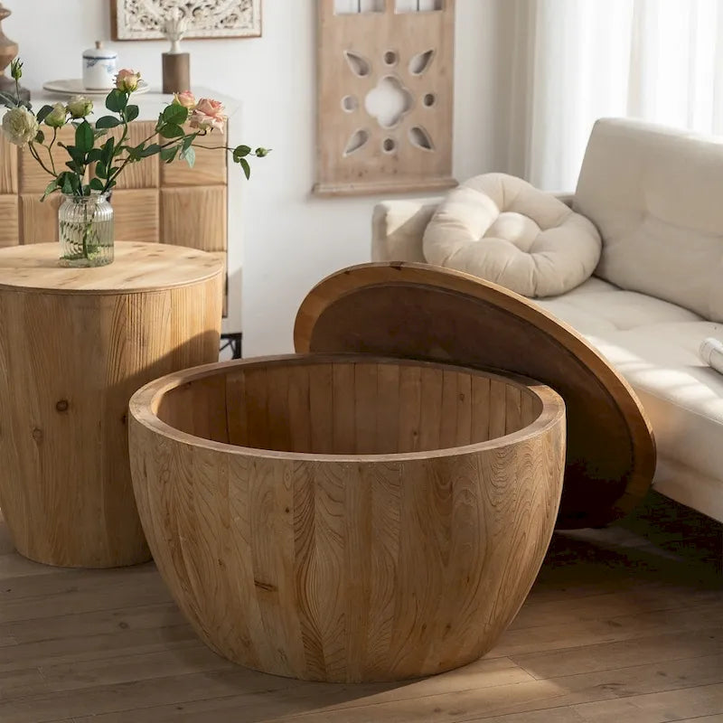 Table basse en bois en forme de tambour, style vintage