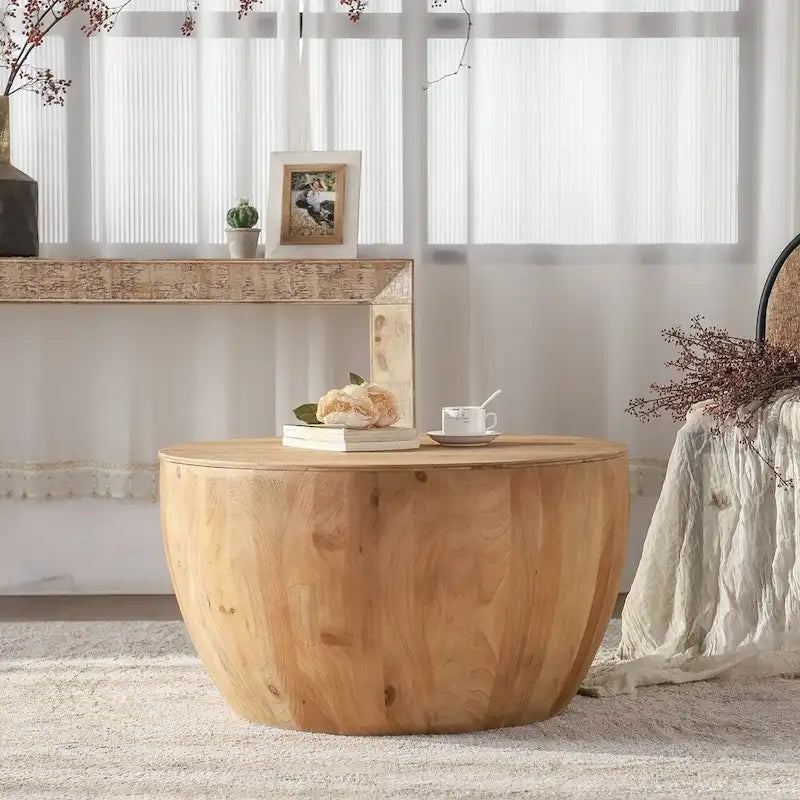 Table basse en bois en forme de tambour, style vintage