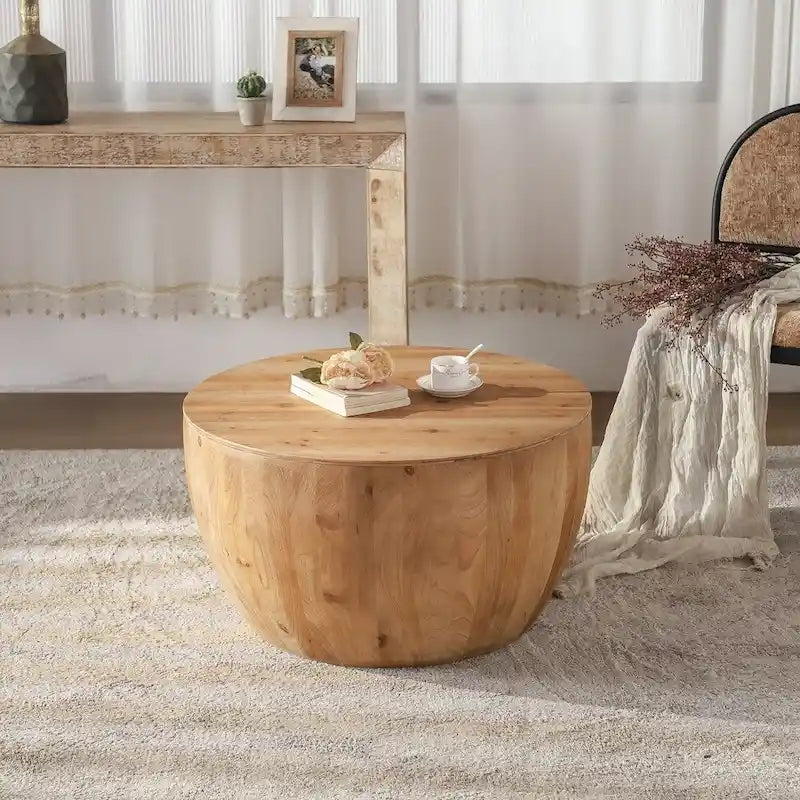 Table basse en bois en forme de tambour, style vintage