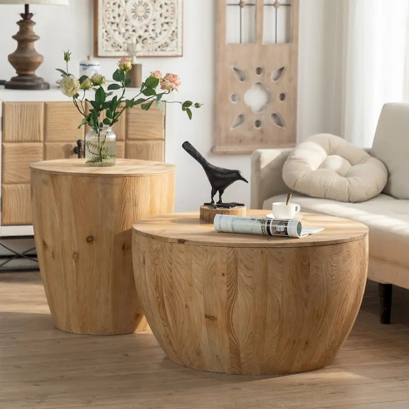 Table basse en bois en forme de tambour, style vintage