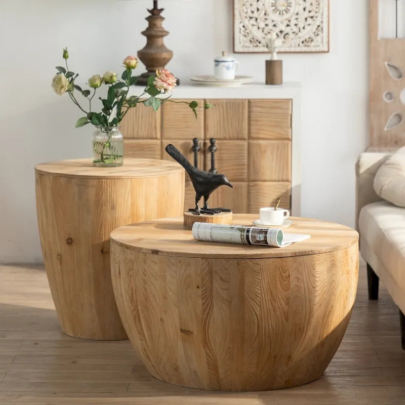 Table basse en bois en forme de tambour, style vintage