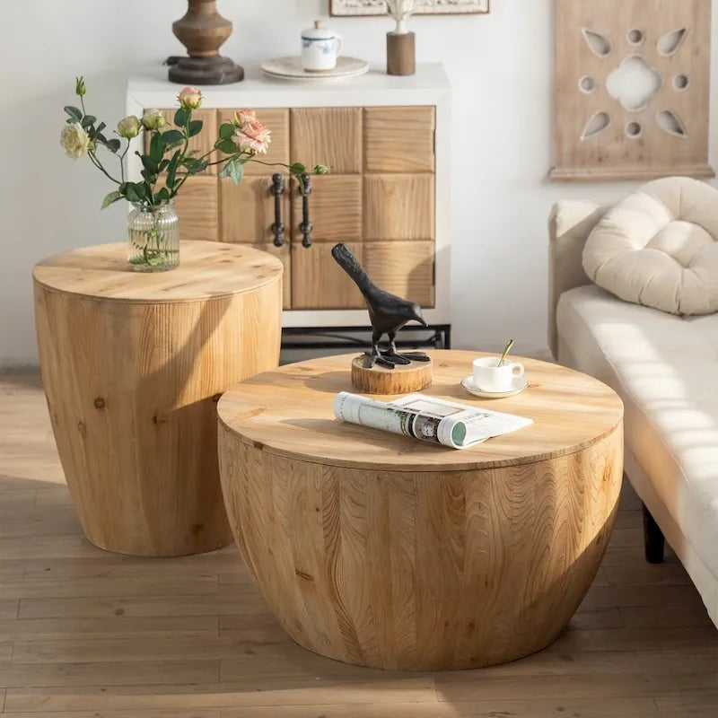Table basse en bois en forme de tambour, style vintage