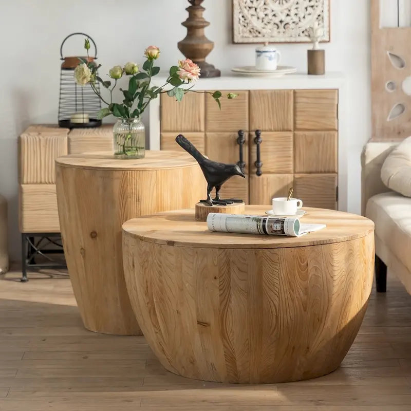 Table basse en bois en forme de tambour, style vintage