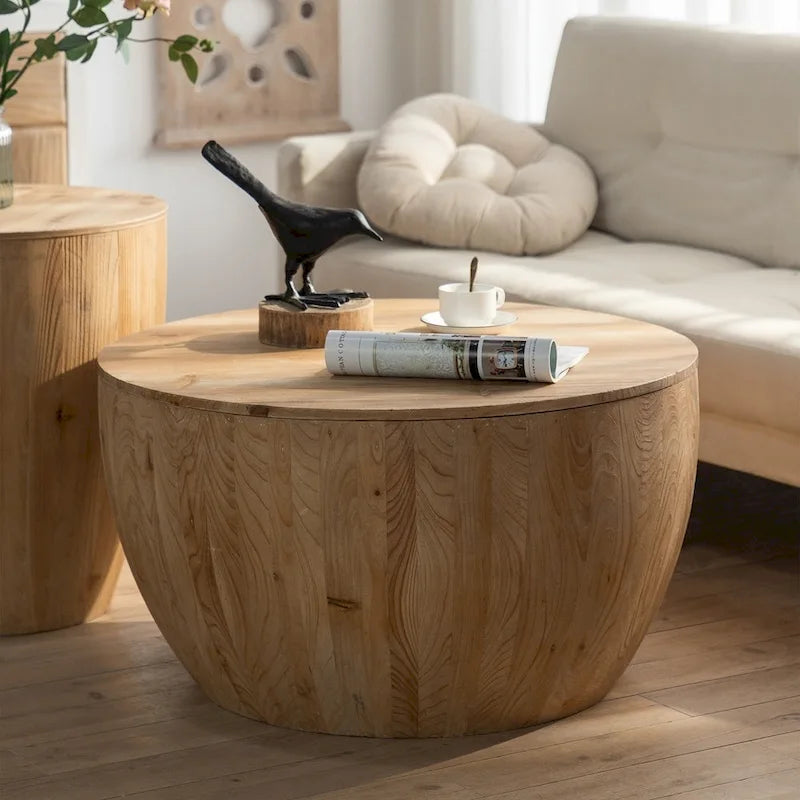Table basse en bois en forme de tambour, style vintage