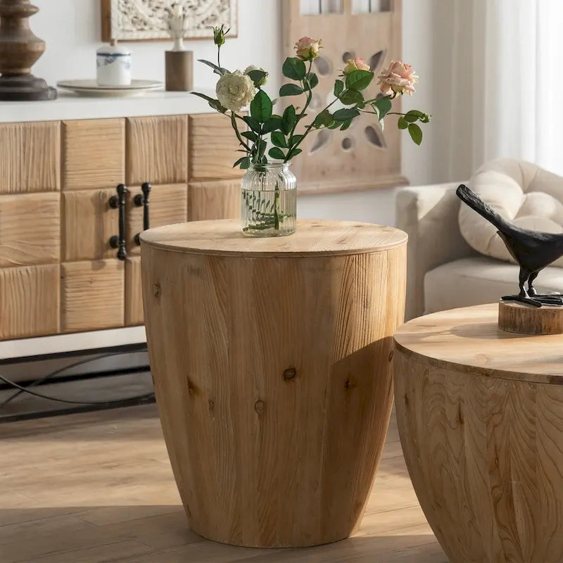 Table basse en bois en forme de tambour, style vintage