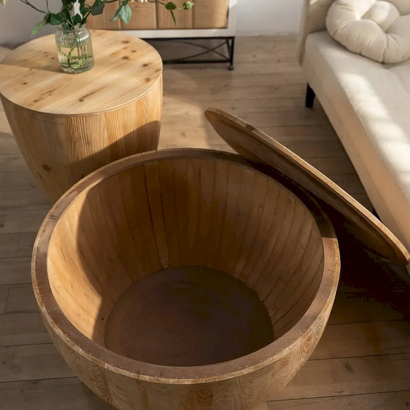 Table basse en bois en forme de tambour, style vintage