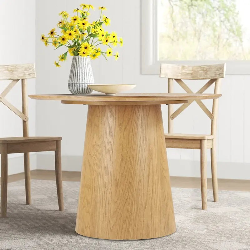 Table à manger ronde à piédestal de 42 pouces avec placage de chêne blanc et bord biseauté