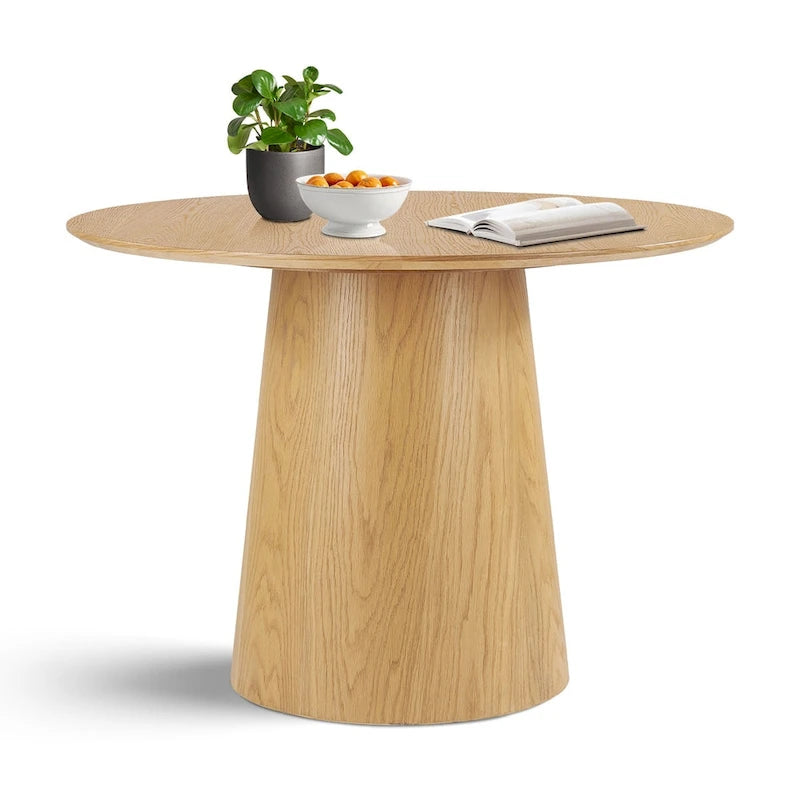Table à manger ronde à piédestal de 42 pouces avec placage de chêne blanc et bord biseauté