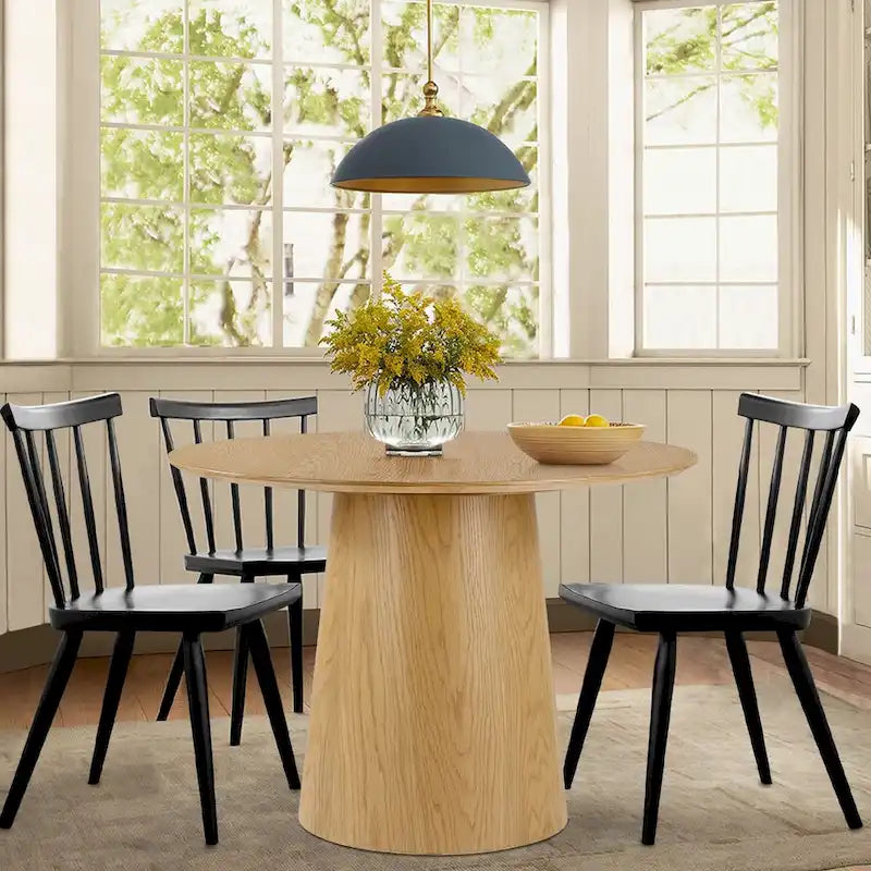 Table à manger ronde à piédestal de 42 pouces avec placage de chêne blanc et bord biseauté