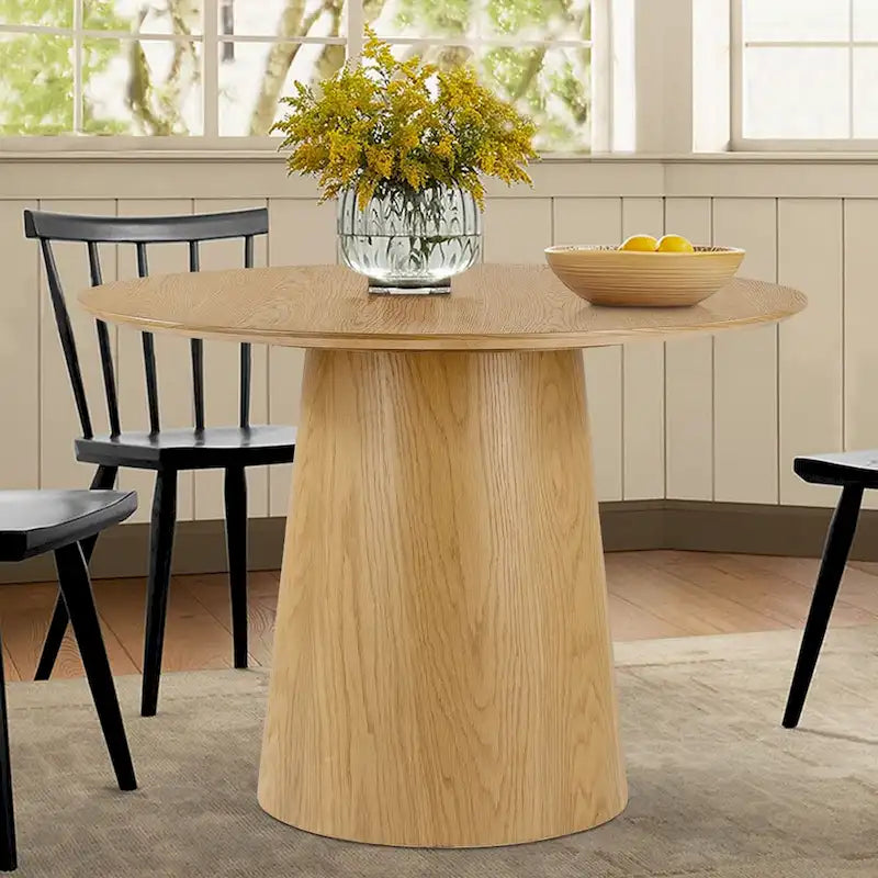 Table à manger ronde à piédestal de 42 pouces avec placage de chêne blanc et bord biseauté