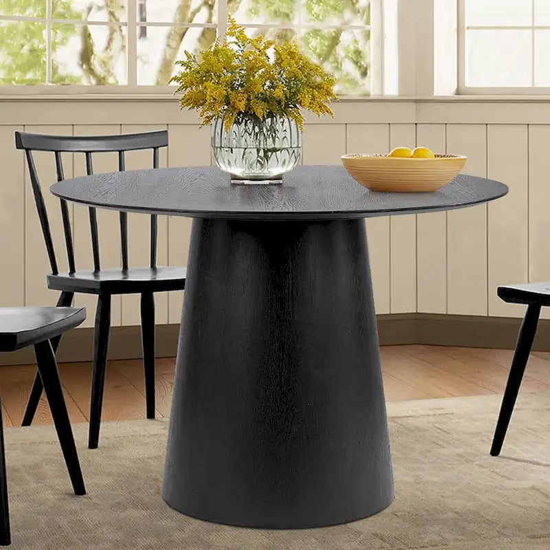 Table à manger ronde à piédestal de 42 pouces avec placage de chêne blanc et bord biseauté
