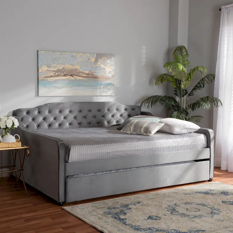 Lit de repos contemporain en velours capitonné avec lit gigogne