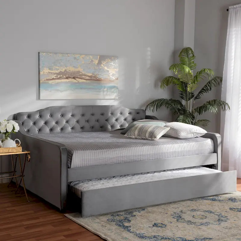 Lit de repos contemporain en velours capitonné avec lit gigogne