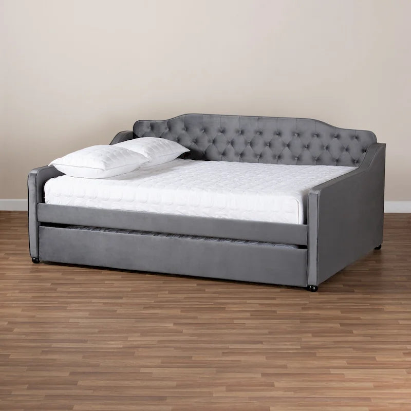 Lit de repos contemporain en velours capitonné avec lit gigogne