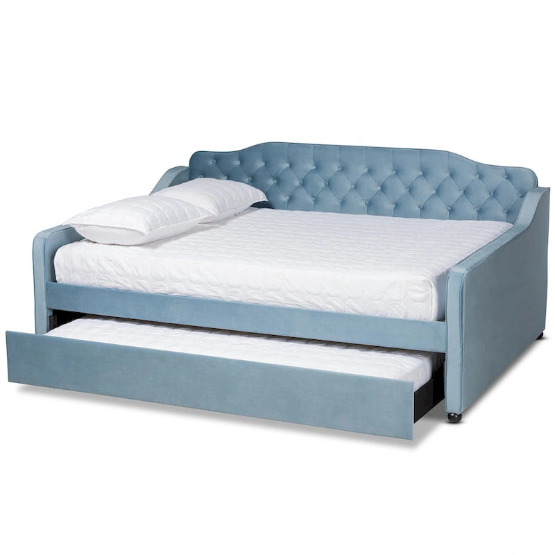 Lit de repos contemporain en velours capitonné avec lit gigogne