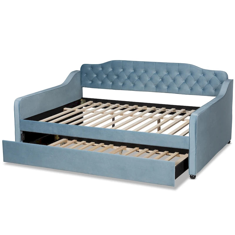 Lit de repos contemporain en velours capitonné avec lit gigogne