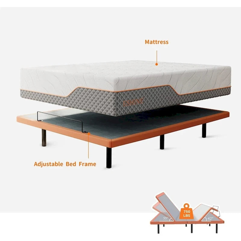 Cadre de lit réglable avec matelas hybride en mousse à mémoire de forme de 35 cm