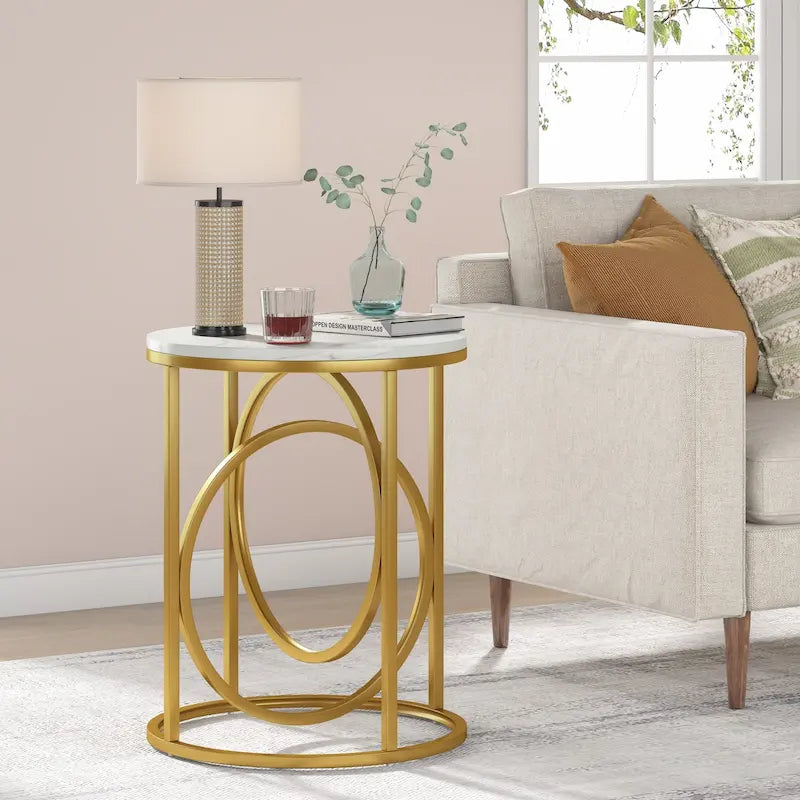 Table d'appoint ronde en bois, marbre blanc, 20 po, avec base en O dorée