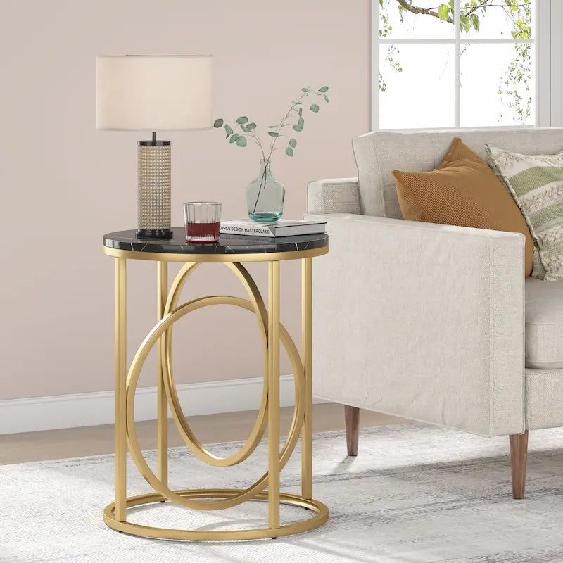 Table d'appoint ronde en bois, marbre blanc, 20 po, avec base en O dorée