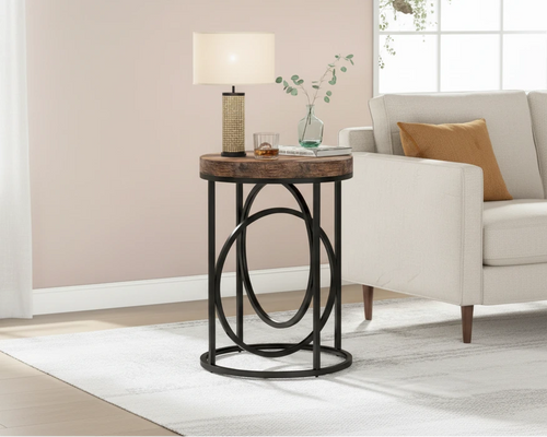 20 in. Marble White Round Wood End Table with Gold O-shaped Base