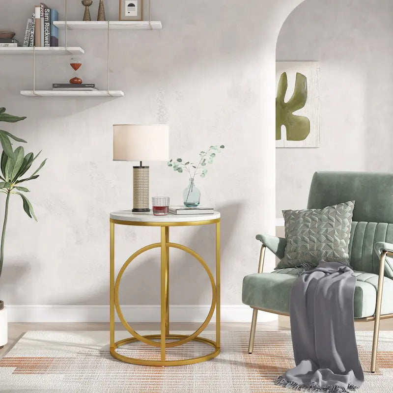 Table d'appoint ronde en bois, marbre blanc, 20 po, avec base en O dorée