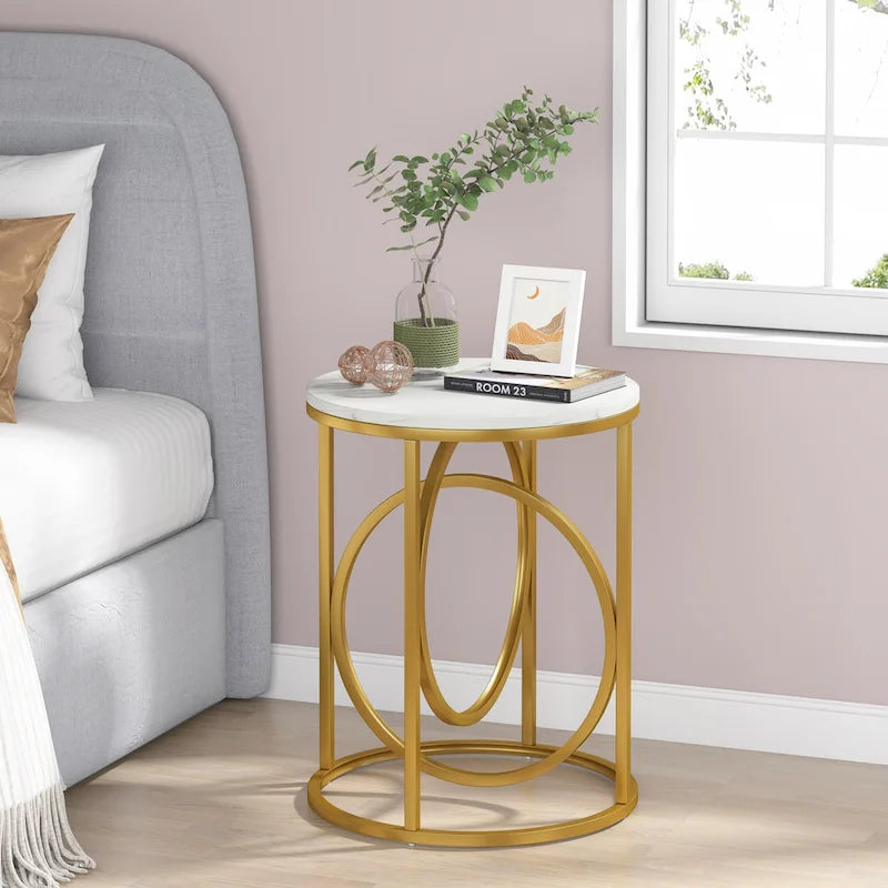 Table d'appoint ronde en bois, marbre blanc, 20 po, avec base en O dorée